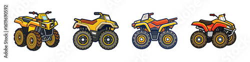 All-Terrain Vehicles (ATVs) Icons-Set of four colorful cartoon-style all-terrain vehicles (ATVs) or quad bikes, designed as vector illustrations representing off-road recreational and adventure vehic