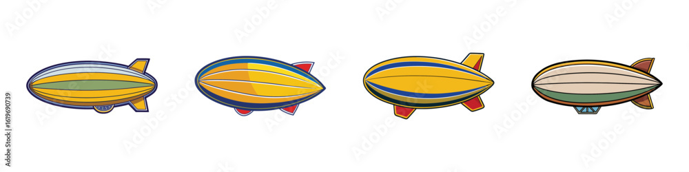 Fototapeta premium Colorful Airship and Blimp Icon Set Illustration-Vector illustration of four colorful blimps and airships in cartoon style, representing aviation, transport, and retro flight concepts.