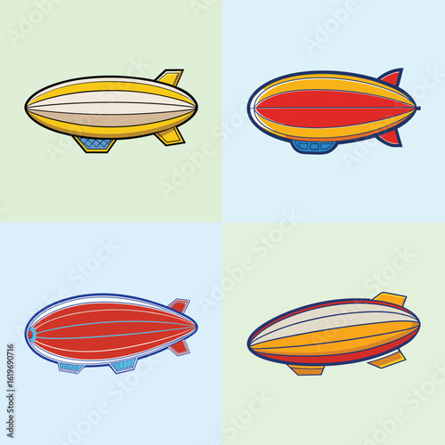 Colorful Blimp and Airship Vector Icon Collection-Set of four colorful blimp and airship illustrations in cartoon style, representing aviation, retro travel, and aerial transportation.