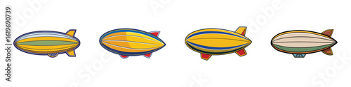 Colorful Airship and Blimp Icon Set Illustration-Vector illustration of four colorful blimps and airships in cartoon style, representing aviation, transport, and retro flight concepts.