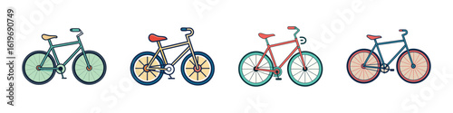 Colorful Bicycle Icon Set Illustration-Vector illustration of four colorful bicycles in cartoon style, representing cycling, transportation, outdoor activity, and eco-friendly travel concepts.