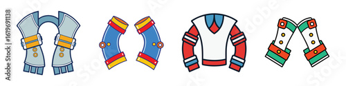 Colorful Life Jacket and Safety Vest Icons-Vector illustration set of colorful life jackets and safety vests in different designs, representing protection, water safety, and rescue gear.