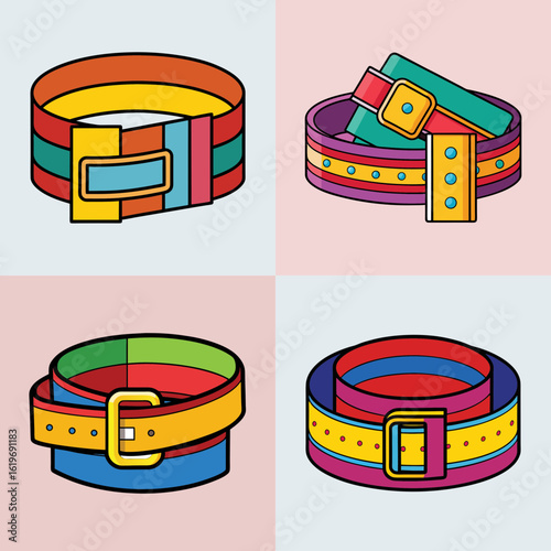 Colorful fashion belts vector illustration collection-Illustration of four colorful fashion belts with bold buckles and patterns, representing stylish clothing accessories and trendy outfit details.