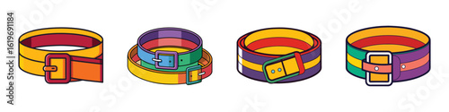 Colorful fashion belts vector illustration set-Vector illustration of four colorful fashion belts with buckles, representing stylish clothing accessories, modern outfit details, and trendy design.