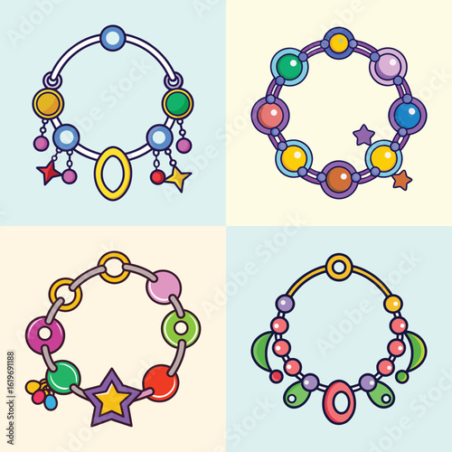 Colorful charm bracelets vector illustration set-Illustration of four colorful charm bracelets with beads and pendants, representing playful jewelry, fashion accessories, and creative decorative desi