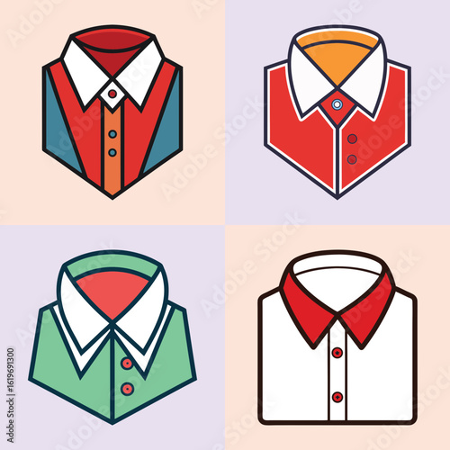 Colorful formal shirts vector illustration set-Illustration of four colorful formal shirts with collars and buttons, representing business fashion, office wear, and stylish clothing design.