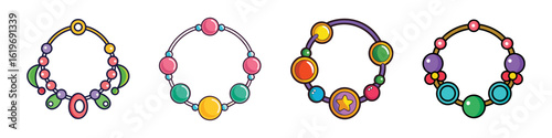Colorful beaded bracelets vector illustration set-Vector illustration of four colorful beaded bracelets, showcasing playful jewelry design, fashion accessories, and creative decorative style.