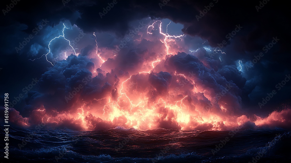 Fototapeta premium Dramatic storm clouds unleashing lightning over a turbulent sea.