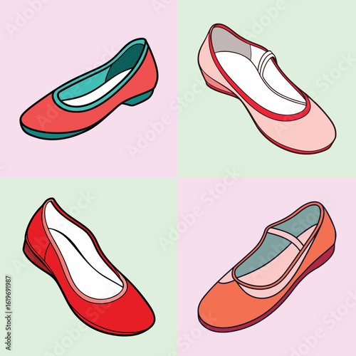 Colorful ballet flats vector illustration set-Illustration of four pairs of colorful ballet flats in simple cartoon style, highlighting casual footwear, feminine fashion, and elegant design.