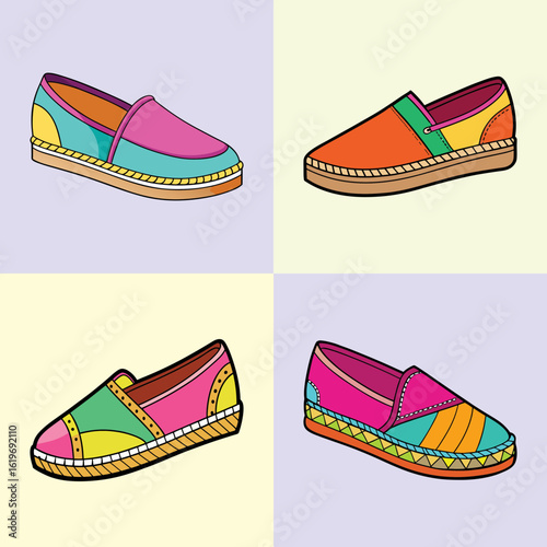 Colorful espadrilles shoes pop art illustration-Vibrant illustration of multicolored espadrille shoes in pop art style, representing casual summer footwear, fashion, and relaxed lifestyle.