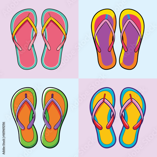 Colorful summer flip flops pop art illustration-Bright and playful illustration of colorful flip flops arranged in a pop art style, symbolizing summer, vacation, and beach fun.