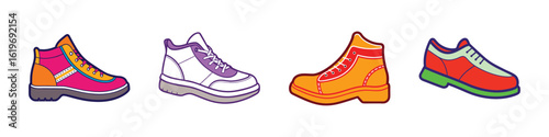 Cartoon collection of colorful sneakers and casual shoes-Set of four cartoon-style sneakers and casual shoes in bright and playful designs, great for sports, fashion, and lifestyle illustrations.