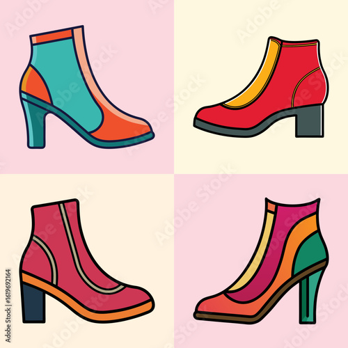 Cartoon collection of colorful heeled ankle boots-Set of four cartoon-style heeled ankle boots in bold and vibrant designs, ideal for fashion, footwear, and clothing illustrations.