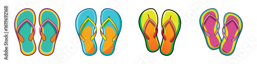 Cartoon collection of colorful flip flops-Set of four cartoon-style flip flops in bright and fun designs, perfect for summer, beach, vacation, and casual footwear illustrations.