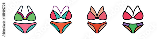Cartoon collection of colorful bikinis-Set of four cartoon-style bikinis in bright colors and playful designs, perfect for summer, beachwear, and swimwear illustrations.