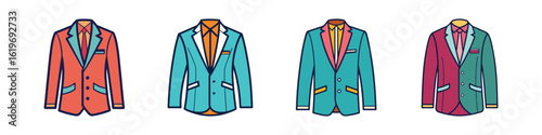 Cartoon collection of colorful blazers and suit jackets-Set of four cartoon-style blazers and suit jackets in vibrant colors with lapels, pockets, and stylish details, perfect for fashion, clothing, 