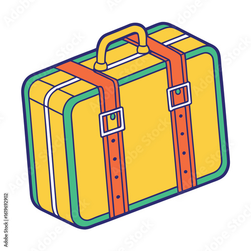 Yellow suitcase with orange straps and green trim luggage travel