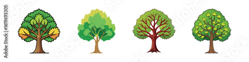 Cartoon deciduous tree illustration set-Vector set of four cartoon-style deciduous trees with green and yellow foliage, each featuring unique canopy shapes and trunk designs, perfect for nature, fore