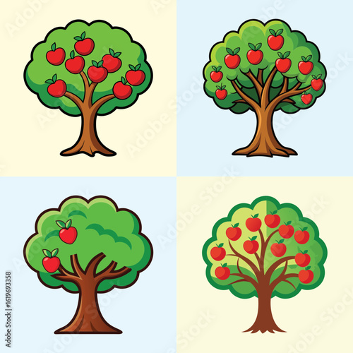 Cartoon apple tree vector set-Collection of four cartoon-style apple trees with green canopies and red apples, each illustrated with unique shapes and designs, ideal for farm, orchard, and nature-the