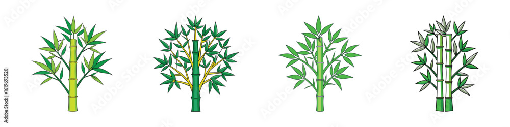 Obraz premium Bamboo tree illustration set-Vector illustration of four stylized bamboo trees with tall stalks and slender green leaves, representing tropical and Asian-inspired plant designs.