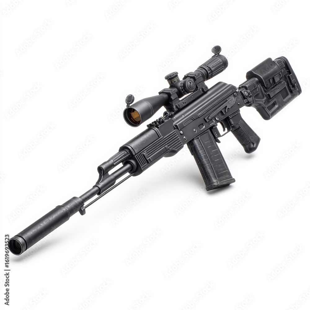 A tactical rifle, meticulously crafted, showcasing precision and power. It has a scope and other add ons. A symbol of strength and readiness. A tactical rifle, meticulously crafted, showcasing precision and power. It has a scope and other add ons. A symbol of strength and readiness.