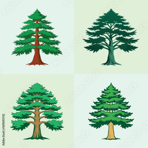 Evergreen pine and cedar tree cartoon illustration set-Vector illustration of four tall evergreen trees with layered green branches and sturdy trunks, perfect for forest, nature, or landscape designs