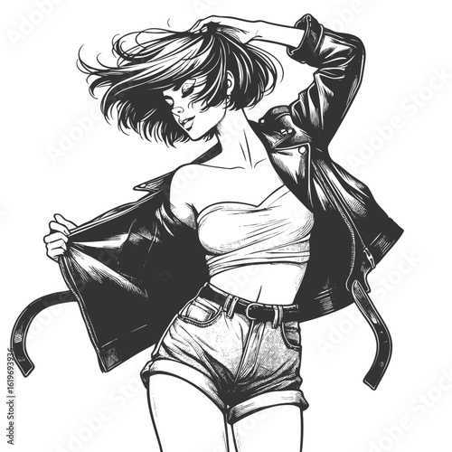 woman in a leather jacket, tube top, and shorts with flowing bob hairstyle and bold attitude sketch engraving generative ai fictional character vector illustration. Scratch board. Black and white.