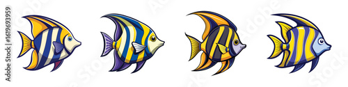 Colorful striped tropical angelfish cartoon set-Vector illustration of four tropical angelfish with bold yellow and blue striped patterns, perfect for aquarium art, marine graphics, or ocean themes.