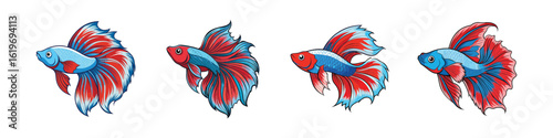 Colorful betta fish cartoon illustration set-Vector illustration of four vibrant betta fish with flowing red and blue fins, ideal for aquarium artwork, marine themes, or decorative designs.