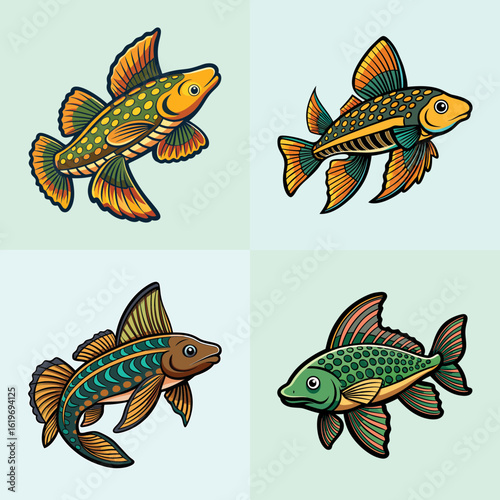 Set of detailed tropical freshwater fish illustrations-Vector illustration of four colorful freshwater tropical fish with unique fin shapes and patterns, ideal for aquarium designs or marine artwork.