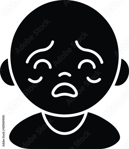Black and white icon of a sad baby face with closed eyes and open mouth crying upset