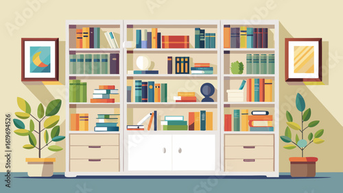 Vector art of a modern, minimalist bookshelf filled with a diverse collection of books and decorative items, flanked by potted plants and framed artwork, creating a cozy and inviting reading nook