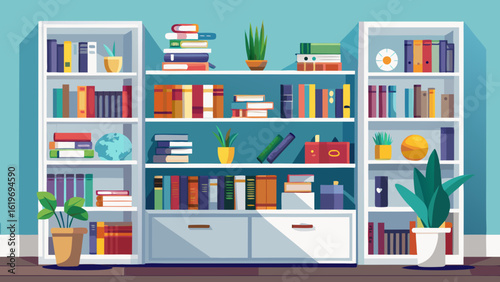 Vector art of a contemporary illustration featuring multiple white bookshelves brimming with books, plants, and decorative items, symbolizing learning and home