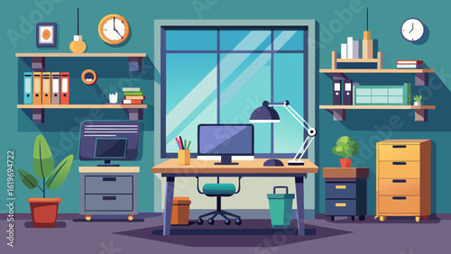Vector art of modern home office interior with desk, computer, chair, shelves, and window view, creating a productive and organized workspace