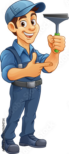 A window cleaner or car wash cartoon mascot man holding a cleaning squeegee and pointing