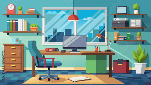Vector art of stylish home office setup featuring a desk, computer, chair, and city view from the window, designed for comfort and productivity