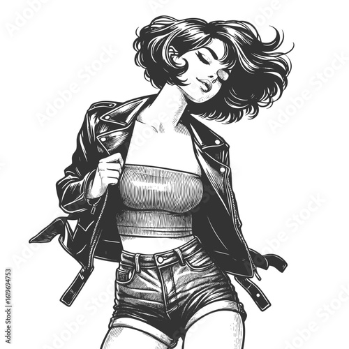 woman in a leather jacket, tube top, and shorts with flowing bob hairstyle and bold attitude sketch engraving generative ai fictional character vector illustration. Scratch board. Black and white.