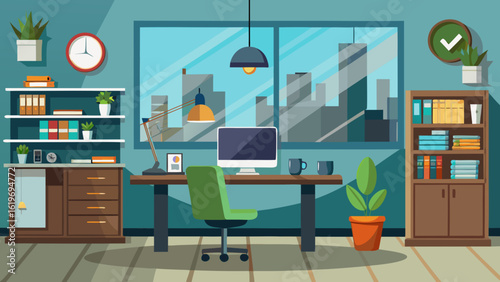 Vector art of stylish home office setup with a desk, computer, and chair, overlooking a city skyline through a large window, complemented by bookshelves and plants