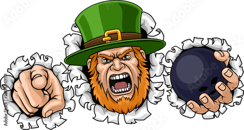 An angry Leprechaun Celtic Irish cartoon character holding Bowling ball and pointing sports team mascot illustration.