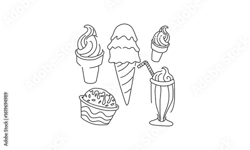 Outline Drawing of Assorted Ice Cream Desserts – Cone, Sundae, Milkshake & Cupcake