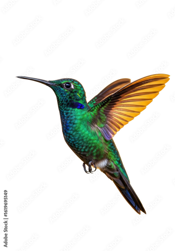 Obraz premium A single iridescent green and blue hummingbird in graceful 3/4 view, wings wide-spread mid-hover against a transparent studio background with golden-orange backlit rim lighting, concept of natural