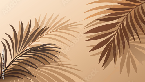 Vector art of elegant tropical palm leaves casting soft shadows on a neutral beige background, creating a minimalist and sophisticated natural design