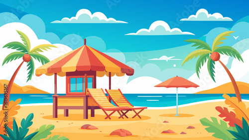 Vector art of a vibrant illustration of a tropical beach scene with palm trees, a colorful umbrellacovered hut, and lounge chairs on the sand, under a bright blue sky with fluffy clouds