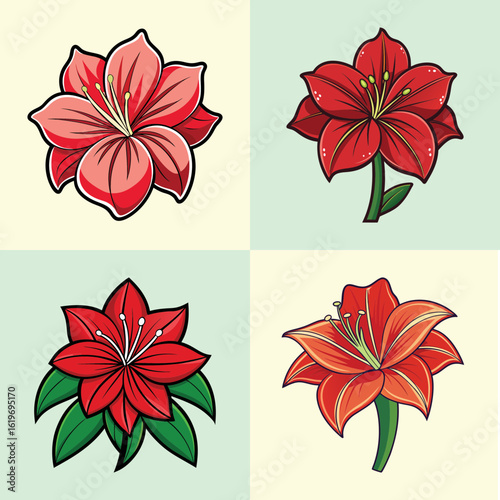 Red lily flower illustration set-Vector illustration set of four red lily flowers, each with unique petal shapes and details, displayed in separate squares with soft pastel backgrounds.