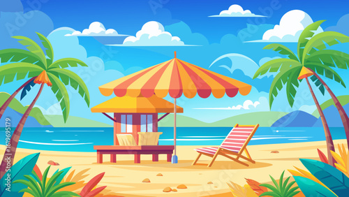 Vector art of an idyllic tropical beach scene illustrated with palm trees, a beach hut with an umbrella, and a lounge chair on the golden sand, under a beautiful blue sky with clouds
