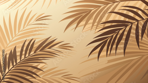 Vector art of overlapping tropical palm leaves with soft shadows on a golden beige background, evoking a sense of warmth, tranquility, and natural elegance