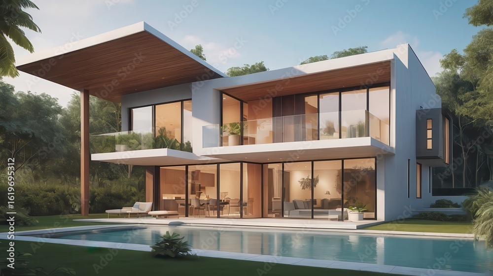 Fototapeta premium Modern house with pool and lush greenery featuring large windows and architectural design elements outside