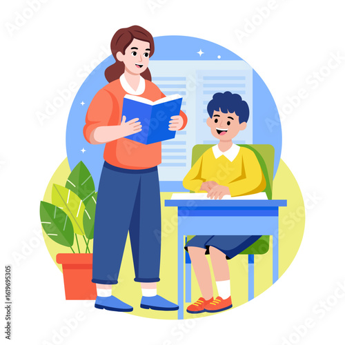 A flat style illustration showing a class teacher with student