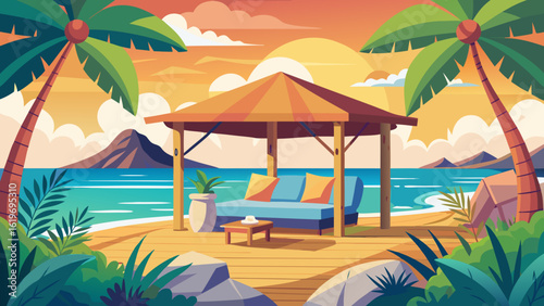 Vector art of a picturesque tropical beach at sunset with a wooden gazebo furnished with a sofa and cushions, framed by palm trees and overlooking the calm ocean