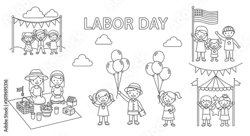 Happy Labor Day Children's Line Art: Festive, Playful, Black and White Illustration